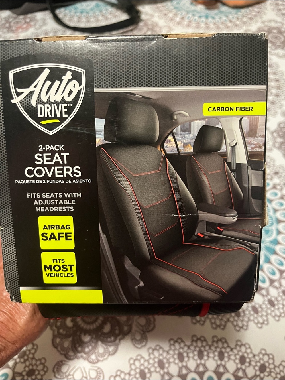 Auto Drive Carbon Fiber Black Seat Covers with Red Trim - 2-Pack